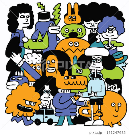 Colorful cartoon characters in playful, whimsical scene featuring various creatures and people with unique hairstyles and expressions, creating lively atmosphere 121247683