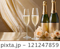 シャンパンとばらとシャンパングラスとともにバレンタイン、誕生日、クリスマスや新年のお祝い 121247859