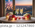 新年、夜明けを花火とシャンパンと共に祝う朝 121247860