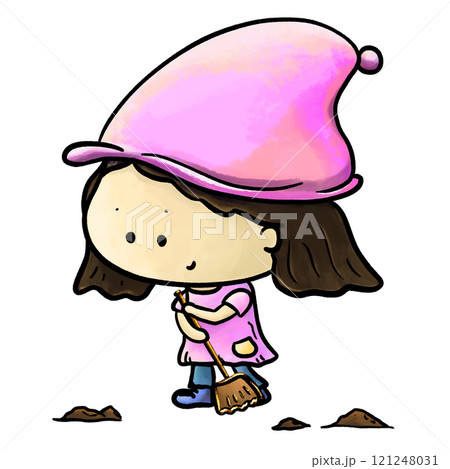 Sweeping girl cartoon, girl in pink cloth and hat illustration 121248031