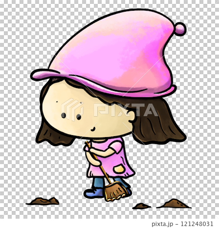 Sweeping girl cartoon, girl in pink cloth and hat illustration 121248031