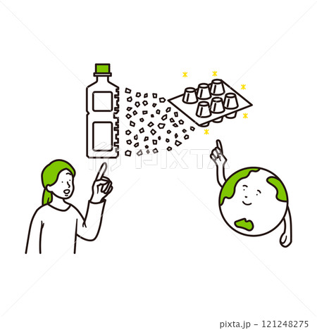 ペットボトルがリサイクルされて卵ケースになっているイメージと笑顔の女性と地球のイラスト素材 ペットボトルがリサイクルされて卵ケースになっているイメージと笑顔の女性と地球のイラスト素材 121248275