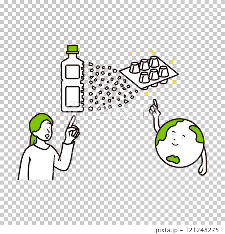 ペットボトルがリサイクルされて卵ケースになっているイメージと笑顔の女性と地球のイラスト素材 ペットボトルがリサイクルされて卵ケースになっているイメージと笑顔の女性と地球のイラスト素材 121248275