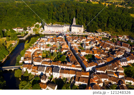 Flight over the city Brantome en Perigord on summer day 121248326