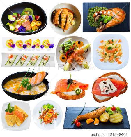 Tasty different dishes with red fish served at plates isolated on white Tasty different dishes with red fish served at plates isolated on white 121248401