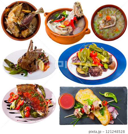 Set of lamb dishes isolated Set of lamb dishes isolated 121248528