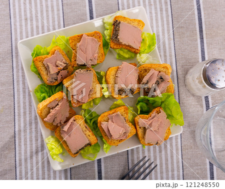 There are sandwiches with meat pate and china cabbage leaves. There are sandwiches with meat pate and china cabbage leaves. 121248550