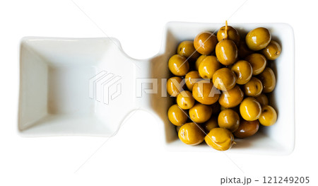 Closeup of plate of pickled green olives with stone, spanish appetizer 121249205