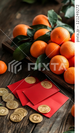 Oranges on a rustic wooden table, with red envelopes and gold coins. Chinese New Year vertical image 121249272