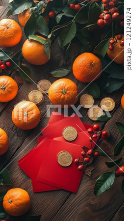 Top view of oranges with green leaves, red envelopes, and gold coins. Chinese New Year vertical shot 121249274