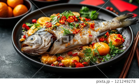 Close up of whole roasted fish garnished with red chili peppers, fresh parsley, and bright mandarins 121249278