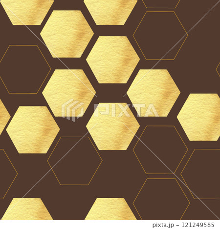 Organic honeycombs seamless pattern on black with yellow honey food elements. Hand drawn geometric abstract background for kitchen, home, wallpaper, packing design. Golden hexagons graphic elements Organic honeycombs seamless pattern on black with yellow honey food elements. Hand drawn geometric abstract background for kitchen, home, wallpaper, packing design. Golden hexagons graphic elements 121249585