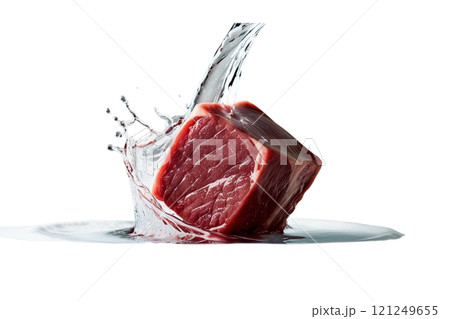 Cube raw meat splash with water on isolate white Cube raw meat splash with water on isolate white 121249655