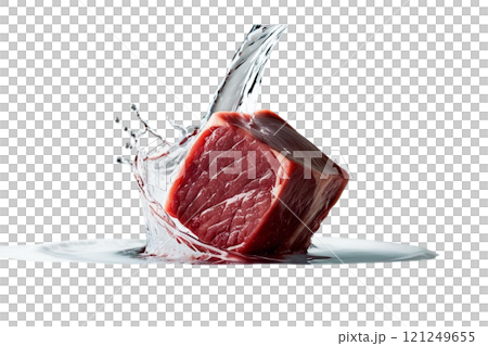 Cube raw meat splash with water on isolate white 121249655
