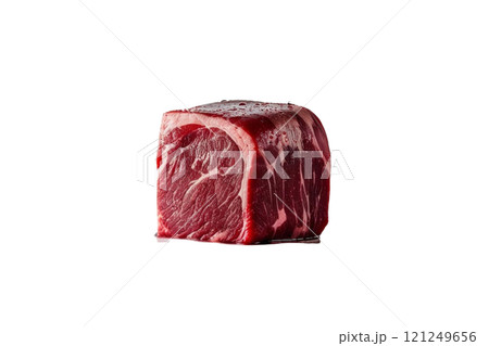 Cube raw meat splash with water on isolate white 121249656