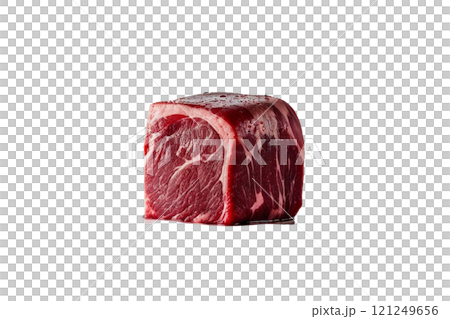 Cube raw meat splash with water on isolate white 121249656