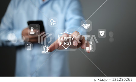 Safety first and work safety concept. Work safety concept, Concept safety first as a priority in professional environments, Safety first, Regulations and group insurance, Working standard process. Safety first and work safety concept. Work safety concept, Concept safety first as a priority in professional environments, Safety first, Regulations and group insurance, Working standard process. 121250265