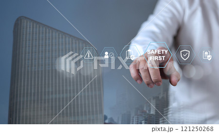 Safety first and work safety concept. Work safety concept, Concept safety first as a priority in professional environments, Safety first, Regulations and group insurance, Working standard process. 121250268