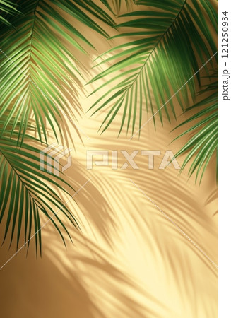 ベージュの背景にヤシの葉の影 121250934