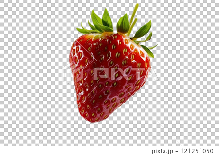 Falling juicy ripe strawberry with green leaves isolated on transparent background. Flying defocusing strawberry berries. Applicable for juice advertising 121251050