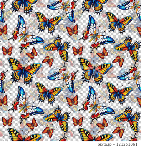 A pattern of butterflies with red and purple wings. The butterflies are arranged in a way that creates a sense of movement and flow. The colors of the butterflies are vibrant and eye-catching 121251061