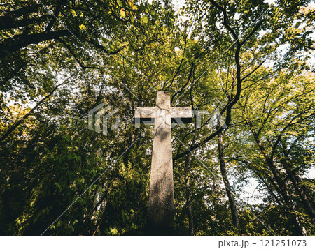 A serene wooden cross stands gracefully surrounded by vibrant trees, evoking deep feelings of peace and remembrance A serene wooden cross stands gracefully surrounded by vibrant trees, evoking deep feelings of peace and remembrance 121251073