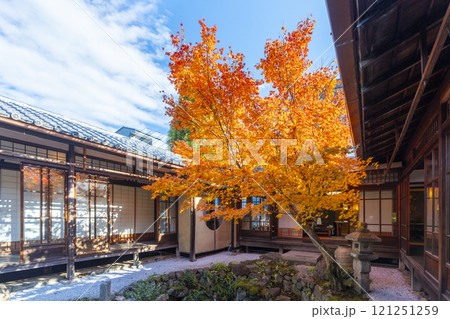 秋の京都　西陣興聖寺　紅葉に包まれた降り蹲踞 121251259