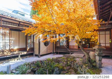 秋の京都　西陣興聖寺　紅葉に包まれた降り蹲踞 121251260