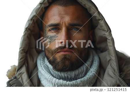 A man with a beard and a tattoo on his face wears a hooded jacket 121251415