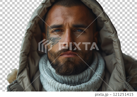 A man with a beard and a tattoo on his face wears a hooded jacket 121251415