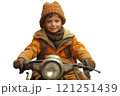 A young boy with a hat and scarf is happily riding a motorcycle 121251439