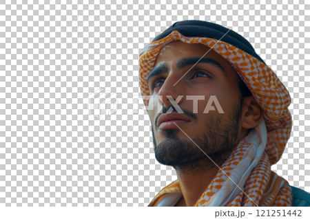 Bearded man in a turban and scarf around his neck 121251442