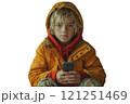 A young boy in a bright yellow jacket is standing while holding a smartphone 121251469