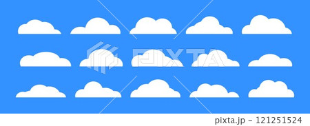 Empty cartoon clouds on purple background. Comic cloud shapes set for icon, poster, banner, label, badge, tag, logo, decoration. White blank speech bubble collection. Textbox claud bundle. Vector 121251524