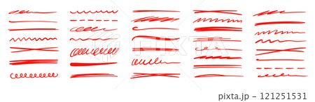 Red marker underline brush stroke set. Marker red pen highlights squiggle stroke. Vector swoosh brush handwritten underline set for accent, pencil emphasis element. Vector 121251531