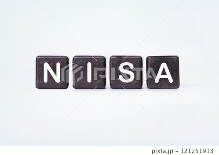 Nippon Individual Savings Account, the word NISA written on dark cubes on a light background 121251913