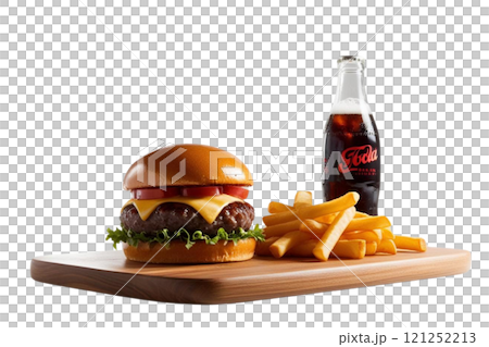 Front view, board with hamburger, soda and french fries, studio photography, white background 121252213