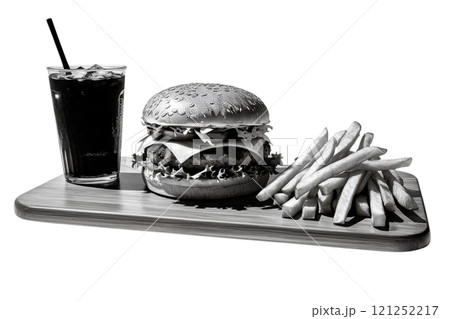 Front view, board with hamburger, soda and french fries, studio photography, white background 121252217