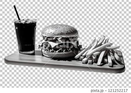 Front view, board with hamburger, soda and french fries, studio photography, white background 121252217