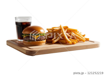 Front view, board with hamburger, soda and french fries, studio photography, white background Front view, board with hamburger, soda and french fries, studio photography, white background 121252219
