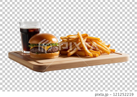 Front view, board with hamburger, soda and french fries, studio photography, white background Front view, board with hamburger, soda and french fries, studio photography, white background 121252219