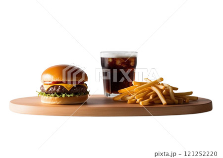 Front view, board with hamburger, soda and french fries, studio photography, white background 121252220
