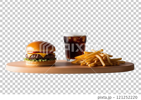 Front view, board with hamburger, soda and french fries, studio photography, white background 121252220