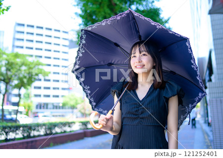 都市部の街中で日傘を差して歩く女性 都市部の街中で日傘を差して歩く女性 121252401