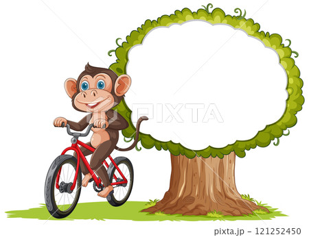 Monkey Riding Bicycle Near Tree 121252450