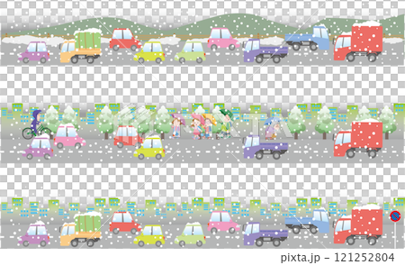 交通安全＜冬・雪の道路のイメージの帯イラスト・車・トラック・など＞ 121252804