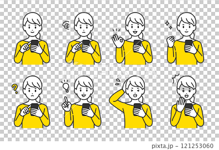A set of young women with various expressions and poses while looking at their smartphones [People vector illustration material] 121253060