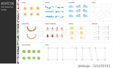 architecture site analysis symbol icon element drawing graphic flat isolated vector. architecture element line sun wind sound sun path vegetation. 121253151