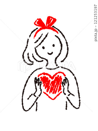ハートを持っている女性のシンプル手描きイラスト 121253197