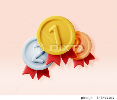 3d set of medals with red ribbons. 3d set of medals with red ribbons. 121253303